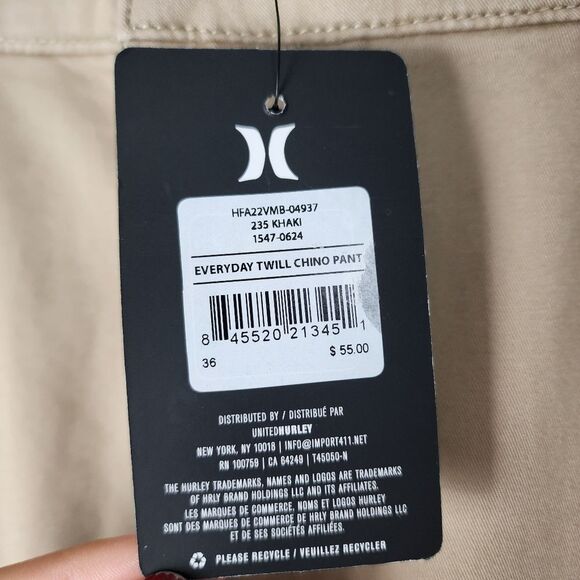 Hurley Everyday Twill Chino Pants Khaki Stretchy Beige Tan Men's Size 36 - Picture 5 of 14